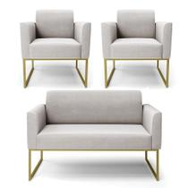 Sofá Namoradeira Com 2 Poltronas Base Industrial Dourado Marisa Veludo D03 - D'rossi Cor Cinza
