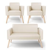 Sofá Namoradeira Com 2 Poltronas Pés Palito Natural Marisa material sintético D03 - D'rossi Cor Bege Sofá Namoradeira Com 2 Poltronas Pés Palito Natural Marisa material sintético D03 - D'rossi Cor Bege
