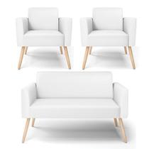 Sofá Namoradeira Com 2 Poltronas Pés Palito Natural Marisa material sintético D03 - D'rossi Cor Branco Sofá Namoradeira Com 2 Poltronas Pés Palito Natural Marisa material sintético D03 - D'rossi Cor Branco