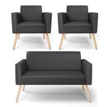 Sofá Namoradeira Com 2 Poltronas Pés Palito Natural Marisa material sintético D03 - D'rossi Cor Preto