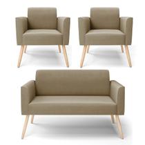 Sofá Namoradeira com 2 Poltronas Pés Palito Natural Marisa Suede Marrom Rato