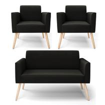 Sofá Namoradeira com 2 Poltronas Pés Palito Natural Marisa Suede Preto