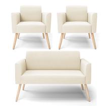 Sofá Namoradeira com 2 Poltronas Pés Palito Natural Marisa Veludo