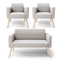 Sofá Namoradeira com 2 Poltronas Pés Palito Natural Marisa Veludo