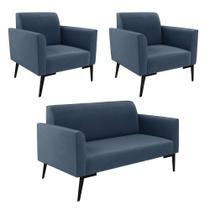 Sofá Namoradeira com 2 Poltronas Pés Villach Marisa Suede Azul Marinho