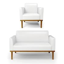 Sofá Namoradeira Com Poltrona Base De Madeira Fixa Castanho Marisa Corano Branco D03 - Drossi