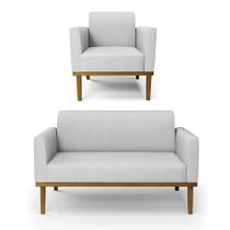 Sofá Namoradeira Com Poltrona Base De Madeira Fixa Castanho Marisa Linho Cinza A05 D03 - Drossi