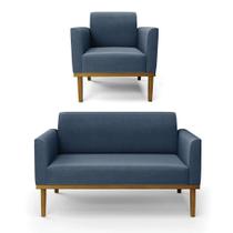 Sofá Namoradeira Com Poltrona Base De Madeira Fixa Castanho Marisa Suede Azul Marinho D03 - Drossi