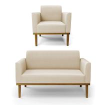 Sofá Namoradeira Com Poltrona Base De Madeira Fixa Castanho Marisa Suede Bege D03 - Drossi