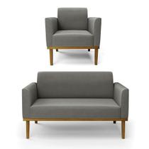 Sofá Namoradeira Com Poltrona Base De Madeira Fixa Castanho Marisa Suede Grafite D03 - Drossi