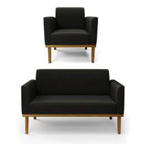 Sofá Namoradeira Com Poltrona Base De Madeira Fixa Castanho Marisa Suede Preto D03 - Drossi