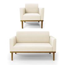 Sofá Namoradeira Com Poltrona Base De Madeira Fixa Castanho Marisa Veludo Bege D03 - Drossi