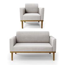 Sofá Namoradeira Com Poltrona Base De Madeira Fixa Castanho Marisa Veludo Cinza D03 - Drossi