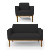 Sofá Namoradeira com Poltrona Base de Madeira Fixa Castanho Marisa Veludo Preto