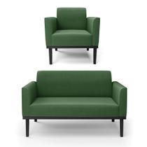 Sofá Namoradeira com Poltrona Base de Madeira Fixa Preto Marisa Suede Verde