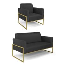 Sofá Namoradeira com Poltrona Base Industrial Alta Dourado Marisa material sintético Preto