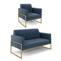 Sofá Namoradeira com Poltrona Base Industrial Alta Dourado Marisa Suede Azul Marinho D03 - D'Rossi