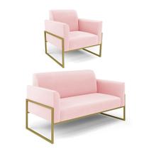 Sofá Namoradeira com Poltrona Base Industrial Alta Dourado Marisa Suede Rosa Bebê