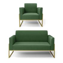Sofá Namoradeira Com Poltrona Base Industrial Alta Dourado Marisa Suede Verde D03 - D'rossi