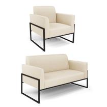 Sofá Namoradeira com Poltrona Base Industrial Alta Preto Marisa Linho