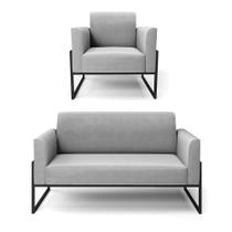 Sofá Namoradeira Com Poltrona Base Industrial Alta Preto Marisa Suede Cinza D03 - D'rossi
