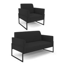 Sofá Namoradeira com Poltrona Base Industrial Alta Preto Marisa Veludo