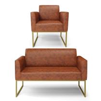 Sofá Namoradeira Com Poltrona Base Industrial Dourado Marisa Corano D03 - D'rossi Cor Nozes