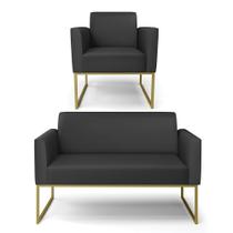Sofá Namoradeira com Poltrona Base Industrial Dourado Marisa material sintético Preto Sofá Namoradeira com Poltrona Base Industrial Dourado Marisa material sintético Preto