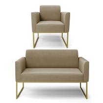 Sofá Namoradeira com Poltrona Base Industrial Dourado Marisa Suede Marrom Rato