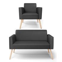Sofá Namoradeira Com Poltrona Pés Palito Natural Marisa material sintético D03 - D'rossi Cor Preto