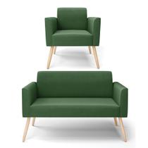 Sofá Namoradeira com Poltrona Pés Palito Natural Marisa Suede Verde