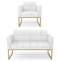 Sofá Namoradeira e 1 Poltrona Base Industrial Dourado Ana Sintético PU Branco - Ibiza