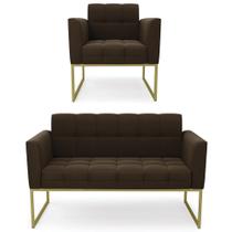 Sofá Namoradeira e 1 Poltrona Base Industrial Dourado Ana Suede Marrom - Ibiza