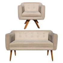 Sofá Namoradeira e 1 Poltrona com Strass Julia Giratória Madeira Suede Bege M11- D'Rossi
