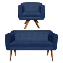 Sofá Namoradeira e 1 Poltrona Julia Giratória Madeira Suede Azul Marinho M11 - D'Rossi Sofá Namoradeira e 1 Poltrona Julia Giratória Madeira Suede Azul Marinho M11 - D'Rossi