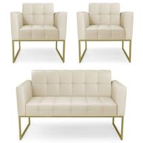 Sofá Namoradeira e 2 Poltronas Base Industrial Dourado Ana Sintético Bege - Ibiza Sofá Namoradeira e 2 Poltronas Base Industrial Dourado Ana Sintético Bege - Ibiza