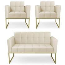 Sofá Namoradeira e 2 Poltronas Base Industrial Dourado Ana Sintético Bege - Ibiza Sofá Namoradeira e 2 Poltronas Base Industrial Dourado Ana Sintético Bege - Ibiza