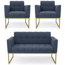 Sofá Namoradeira e 2 Poltronas Base Industrial Dourado Ana Suede Azul Marinho - Ibiza