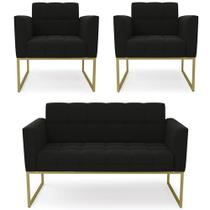 Sofá Namoradeira e 2 Poltronas Base Industrial Dourado Ana Suede Preto - Ibiza