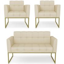 Sofá Namoradeira e 2 Poltronas Base Industrial Dourado Ana Veludo Luxo Off White - Ibiza