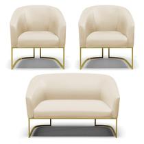 Sofá Namoradeira E 2 Poltronas Base Industrial Dourado Stella material sintético D03 - D'rossi Cor Bege Sofá Namoradeira E 2 Poltronas Base Industrial Dourado Stella material sintético D03 - D'rossi Cor Bege