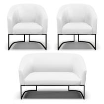 Sofá Namoradeira E 2 Poltronas Base Industrial Preto Stella material sintético Branco D03 - D'rossi