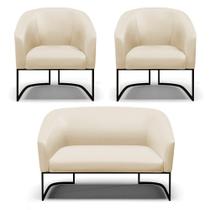 Sofá Namoradeira E 2 Poltronas Base Industrial Preto Stella material sintético D03 - D'rossi Cor Bege Sofá Namoradeira E 2 Poltronas Base Industrial Preto Stella material sintético D03 - D'rossi Cor Bege