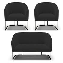 Sofá Namoradeira E 2 Poltronas Base Industrial Preto Stella Veludo D03 - D'rossi Cor Preto