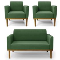 Sofá Namoradeira e 2 Poltronas Base Madeira Castanho Maressa Suede Verde - Ibiza Sofá Namoradeira e 2 Poltronas Base Madeira Castanho Maressa Suede Verde - Ibiza