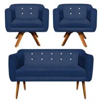 Sofá Namoradeira e 2 Poltronas com Srass Julia Giratória Madeira Suede Azul Marinho M11 - D'Rossi Sofá Namoradeira e 2 Poltronas com Srass Julia Giratória Madeira Suede Azul Marinho M11 - D'Rossi
