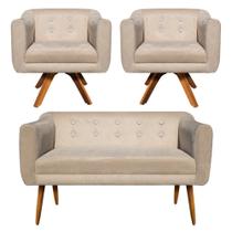 Sofá Namoradeira e 2 Poltronas com Srass Julia Giratória Madeira Suede Bege M11 - D'Rossi Sofá Namoradeira e 2 Poltronas com Srass Julia Giratória Madeira Suede Bege M11 - D'Rossi