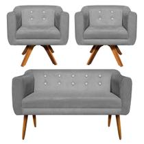 Sofá Namoradeira e 2 Poltronas com Srass Julia Giratória Madeira Suede Grafite M11 - D'Rossi Sofá Namoradeira e 2 Poltronas com Srass Julia Giratória Madeira Suede Grafite M11 - D'Rossi