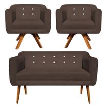 Sofá Namoradeira e 2 Poltronas com Srass Julia Giratória Madeira Suede Marrom M11 - D'Rossi