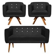 Sofá Namoradeira e 2 Poltronas com Strass Julia Pé Palito Castanho Suede Preto D01- D'Rossi